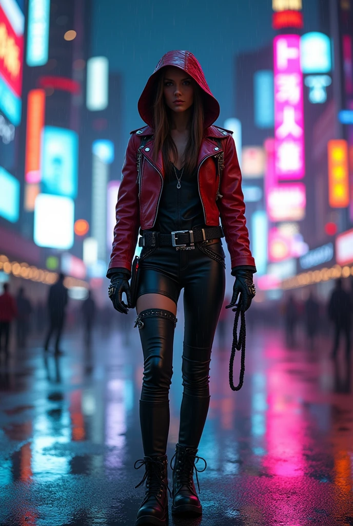 a handsome cowgirl, cyberpunk style, hood, neon lights, high-tech clothing,