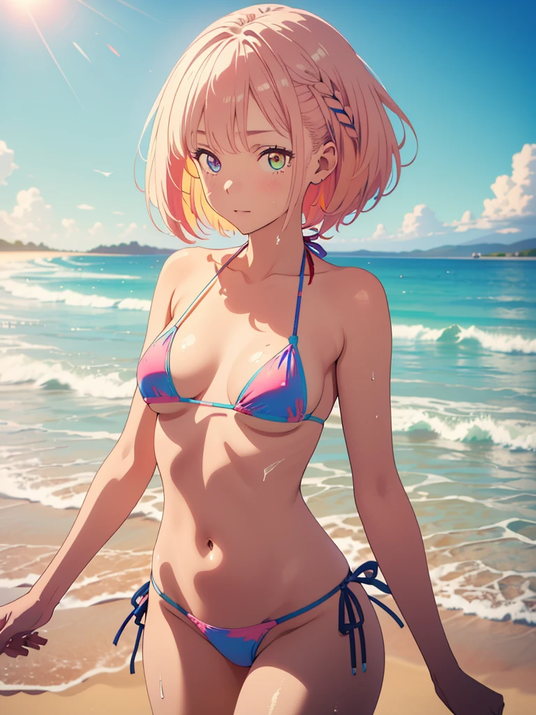 (:1.4),(Very Young Face), (japan Person femes idol), 1girl, (medium Breast:1.4),)(pink nipples:1) Stroll along the seaside, sunshine, (masterpiece:1.0),(best_quality:1.0), ultra high res,4K,ultra-detailed, photography, 8K, HDR, highres, (perfect anatomy:1.4),(Beauty of form:1.4) (Golden ratio), (loraeyes),(big eye), (odd eye:1.4), (rainbow hair:1.4),(floating hair),(liquid clothes:1.4), (water:1),(liquid micro bikini:1.4)