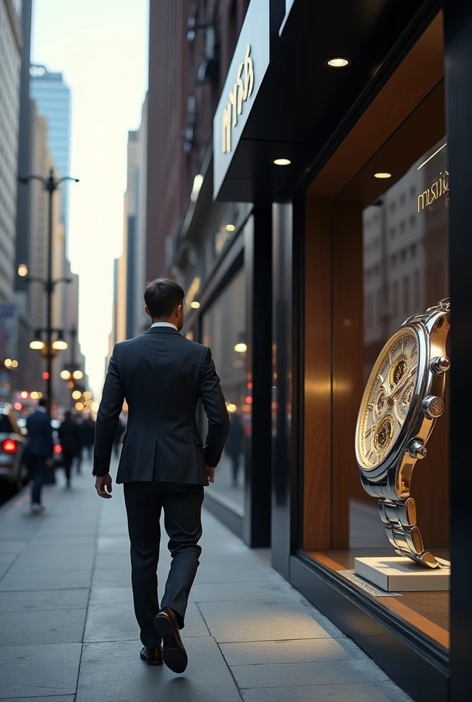 An executive walking past a store called msb and admiring a watch he saw.
