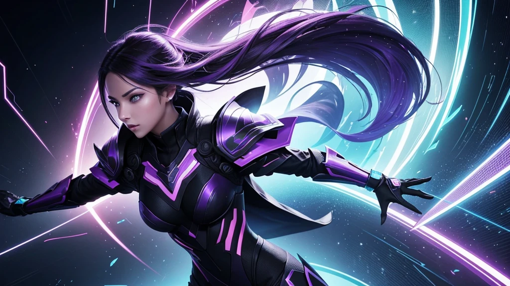 Create a vibrant and modern image with the title 'TrendRadarFusion' in the center. The background should be a dynamic gradient in shades of purple and electric blue, with an abstract design that suggests movement. Include a realistic person on the right side of the image, with a professional look and modern attire, observing a mobile device or screen showing graphics and trends. The person should have an expression of interest and enthusiasm. The title 'TrendRadarFusion' should be in a modern sans-serif font, with shimmer and shadow effects to highlight. Add graphic elements such as video icons, trending graphics and a stylized radar in the background, Complementing the trend theme."