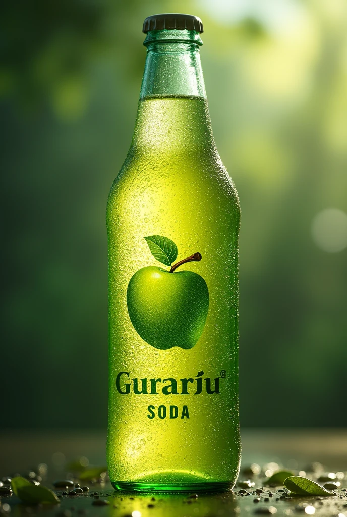 a detailed photorealistic bottle of green apple flavored guaraju soda,highly reflective glass material,intricate logo design,dynamic lighting,vibrant colors,8k,hyper detailed,masterpiece,(best quality,4k,8k,highres,masterpiece:1.2),ultra-detailed,(realistic,photorealistic,photo-realistic:1.37),studio lighting,physically-based rendering,extreme detail description,professional,vivid colors,bokeh