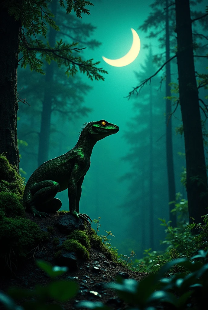 A night scene in a forest, with a reptilian man watching from the shadows.