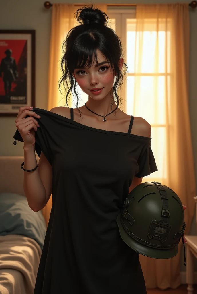 (semirealism:1.2), shoot from the upper angle, inside apartment, bed in the background, COD game poster on the background, golden hour, beautiful woman, spreading legs, freckles on face, pale skin, jet black hair, ponytail without bangs, short ponytail, black eyes, wearing black milkmaid dress, warm color, cheerful face, youthful face, holding a wet black t-shirt in one hand, holding a military helmet on the other hand