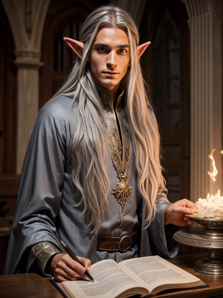 wizard, elf, male, magical, gray hair, in wizard clothes, man, beautiful, young, 25 years.