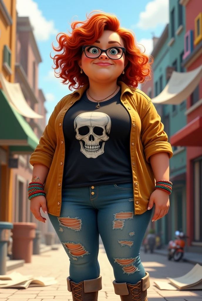 Very chubby and chubby female architect, with medium short curly copper red hair at shoulder length, brown skin, dark brown eyes and hipster glasses, with bracelets and nose piercing, with rockstar style bag, ripped denim jeans, wearing a black skull t-shirt with a canvas shirt over it open and construction boots, construction stop, Disney Pixar Cartoon version 
