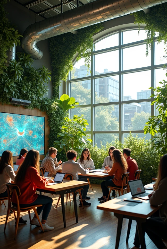 theoretical classroom of a university campus in a futuristic solarpunk reality.