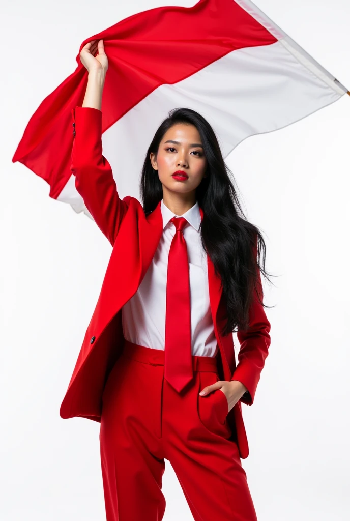 Female model, beauty, long hair, black hair, Earring, blazer red, shirt, tie red, hold the indonesian flag, white background