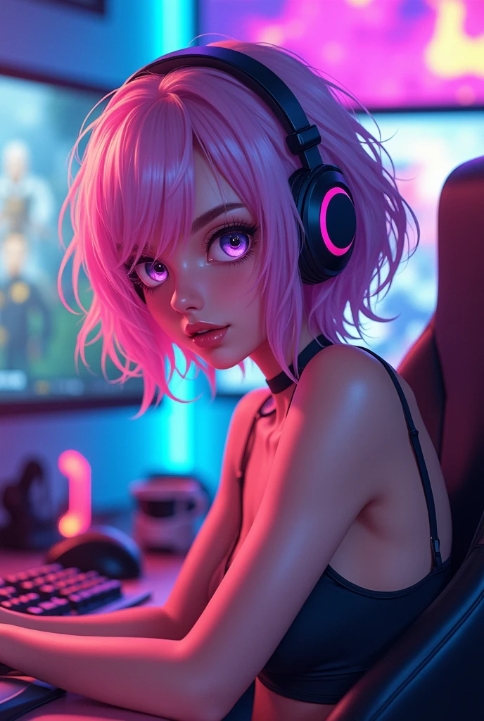 anime style woman, short hair, gamer, streamer, white, beautiful and busty