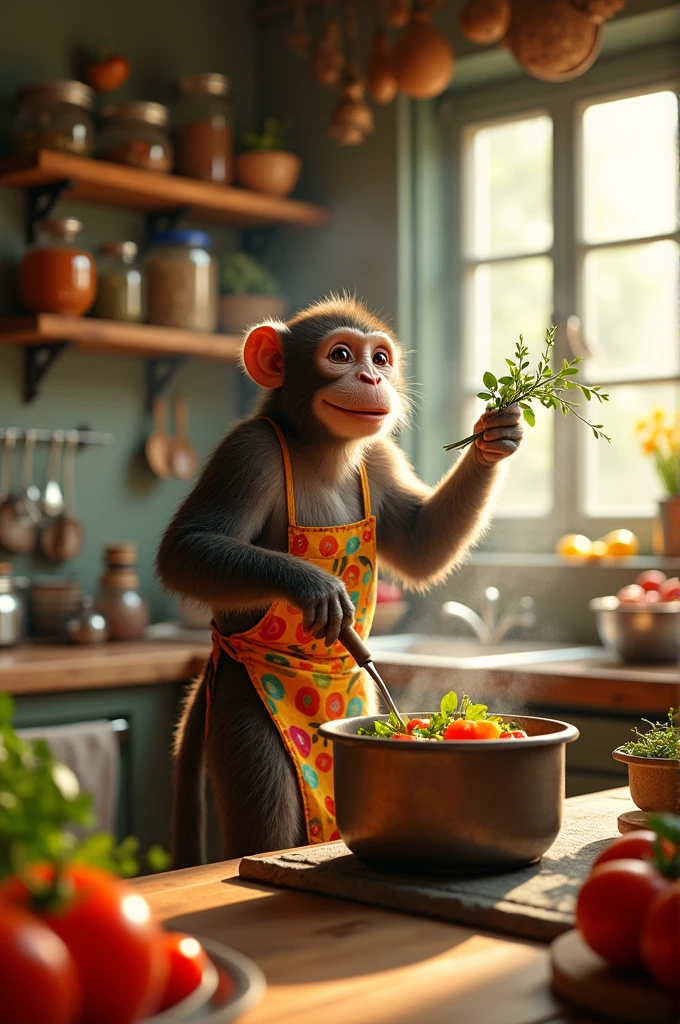 A monkey wearing an apron cooking  