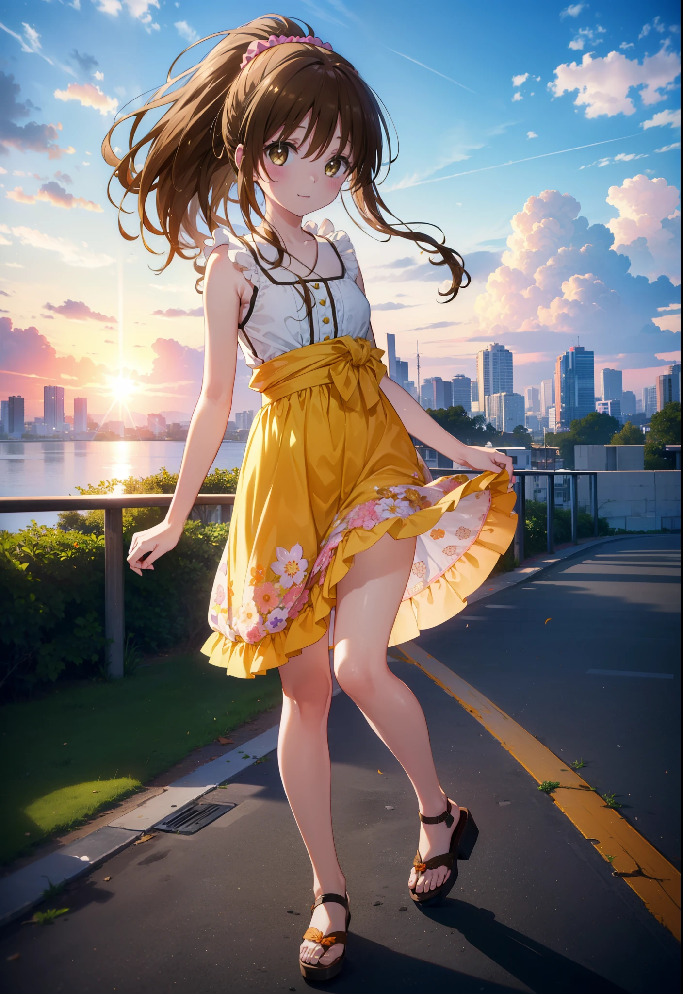 Yuki mandarin orange, (Brown eyes:1.5), Brown Hair, hair ornaments, hair Scrunchie, Long Hair, pink Scrunchie, Scrunchie,ponytail, (Flat Chest:1.2),smile,blush,Open your mouth,Sleeveless dress,Long skirt,Cute heeled sandals,Walking,morning陽,morning,The sun is rising,So that the whole body goes into the illustration,
Destroy outdoors, Coastal Road,
壊す looking at viewer,Destroy the whole body (masterpiece:1.2), Highest quality, High resolution, unity 8k wallpaper, (figure:0.8), (Beautiful attention to detail:1.6), Highly detailed face, Perfect lighting, Highly detailed CG, (Perfect hands, Perfect Anatomy),