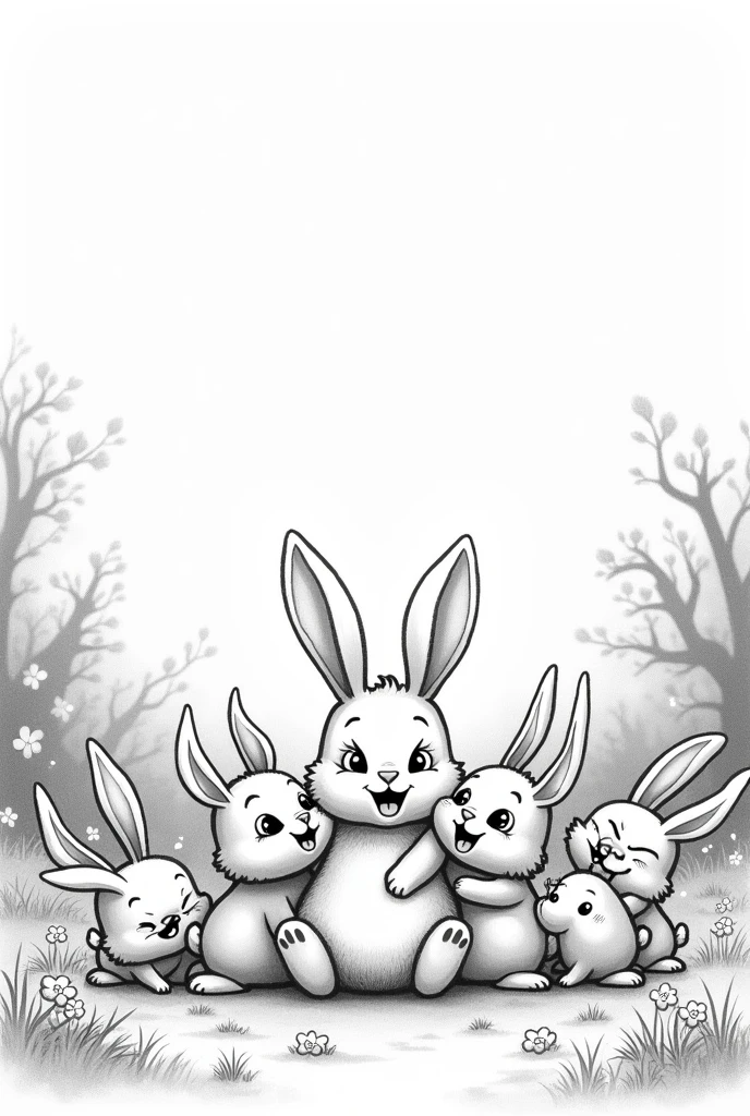 Um desenho em preto e branco de lots of, lots of, lots of lots of coelhos bebe fofos, with big eyes and happy with their mom in a field with trees and flowers, as if they were cartoon characters