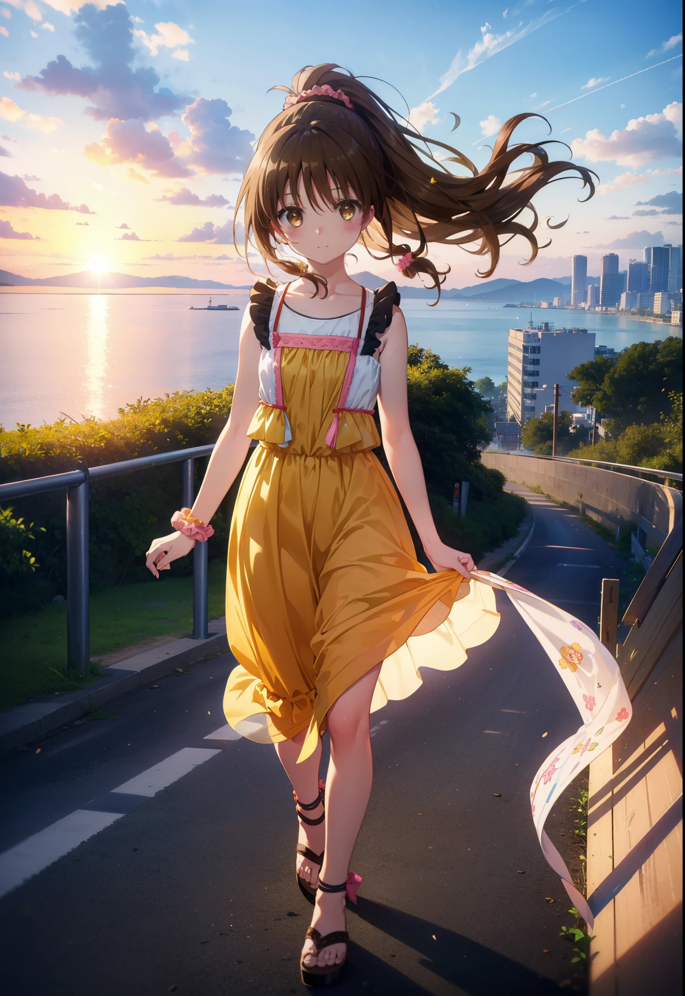 Yuki mandarin orange, (Brown eyes:1.5), Brown Hair, hair ornaments, hair Scrunchie, Long Hair, pink Scrunchie, Scrunchie,ponytail, (Flat Chest:1.2),smile,blush,Open your mouth,Sleeveless dress,Long skirt,Cute heeled sandals,Walking,morning陽,morning,The sun is rising,So that the whole body goes into the illustration,
Destroy outdoors, Coastal Road,
壊す looking at viewer,Destroy the whole body (masterpiece:1.2), Highest quality, High resolution, unity 8k wallpaper, (figure:0.8), (Beautiful attention to detail:1.6), Highly detailed face, Perfect lighting, Highly detailed CG, (Perfect hands, Perfect Anatomy),