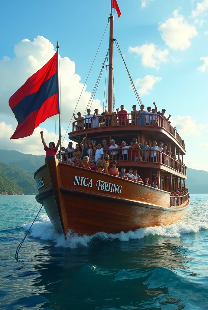 Recreate a photo of a two-story wooden boat, With the name  "NICA FISHING" written to the side, with a red and black bicolour flag at the bow, and with many Nicaraguan mestizo people with books and their right hand raised in a fist