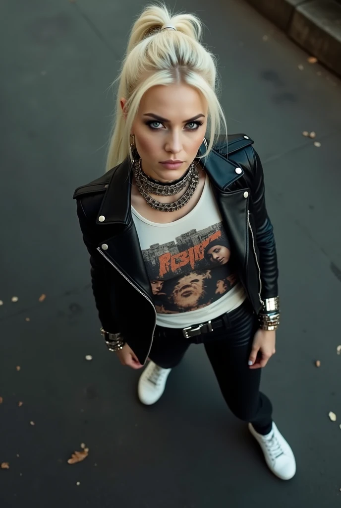 russian milf, platinum blonde hair in top ponytail ,with very light blue eyes, pale, heavy eye shadows. Wearing black moto jacket, cropped rock band t-shirt, black leather jeans and white tennis sneakers. Lots of metallic braceles and collars. Wide loop earrings. Scared face. Seen from above