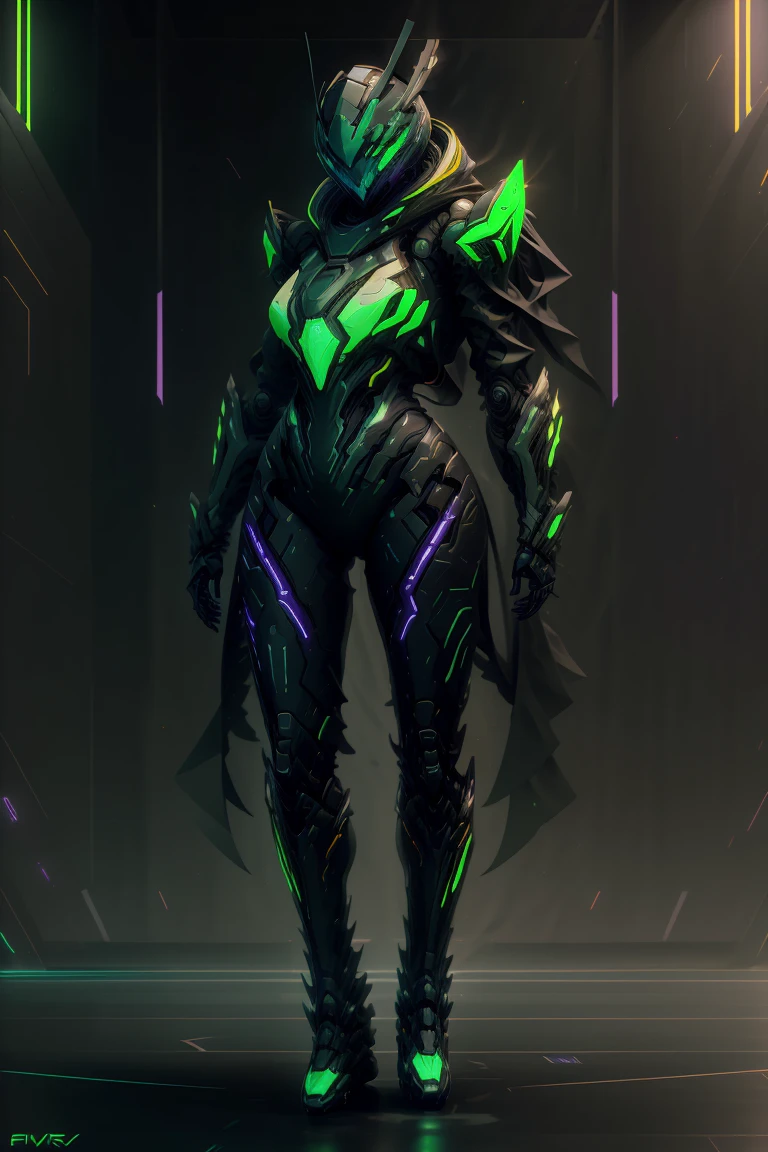 ((best quality)),absurdres,(ultra high res),octane render, girl, warframe suit, cyber helmet, (shining suit), green hornet, (neon light), spacecraft, (8k), (Masterpiece), (cinematic lighting),