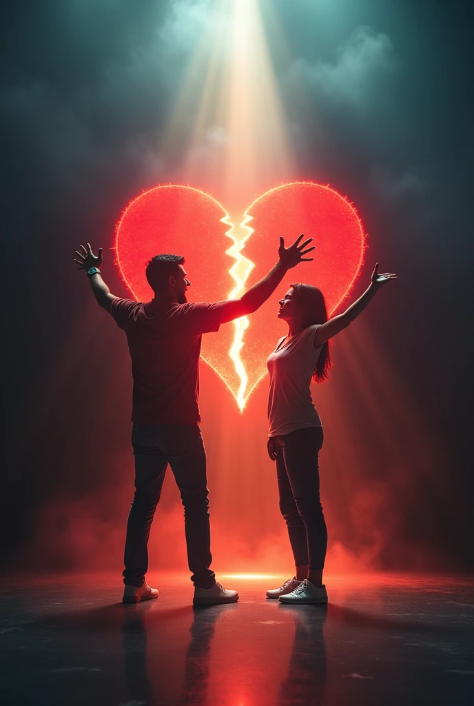Create an image of a man on one stage and a woman on another. Both screaming in pain, crying and fighting with open arms, they break the chains of the cycle of violence and emotional abuse.
Their red hearts are broken and both sad. Clear image not dark.
