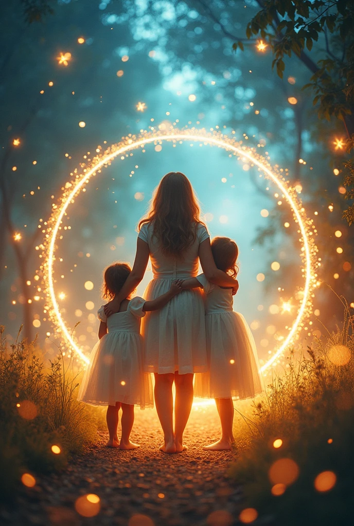 Magical mom with her children surrounded by infinite light, portals and sparks of light