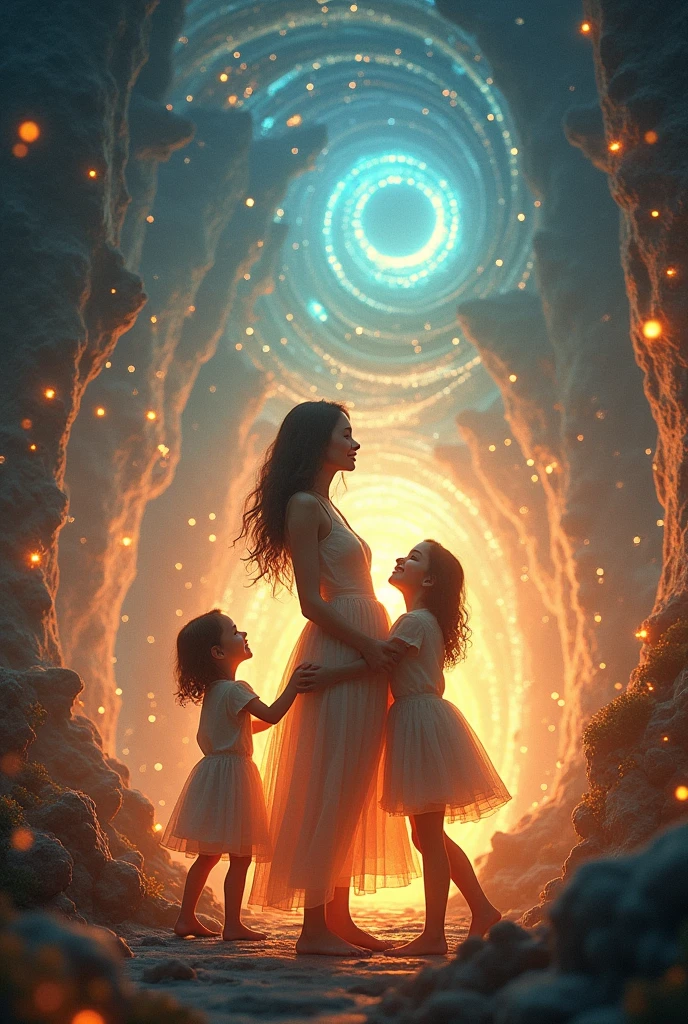 Magical mom with her children surrounded by infinite light, portals and sparks of light