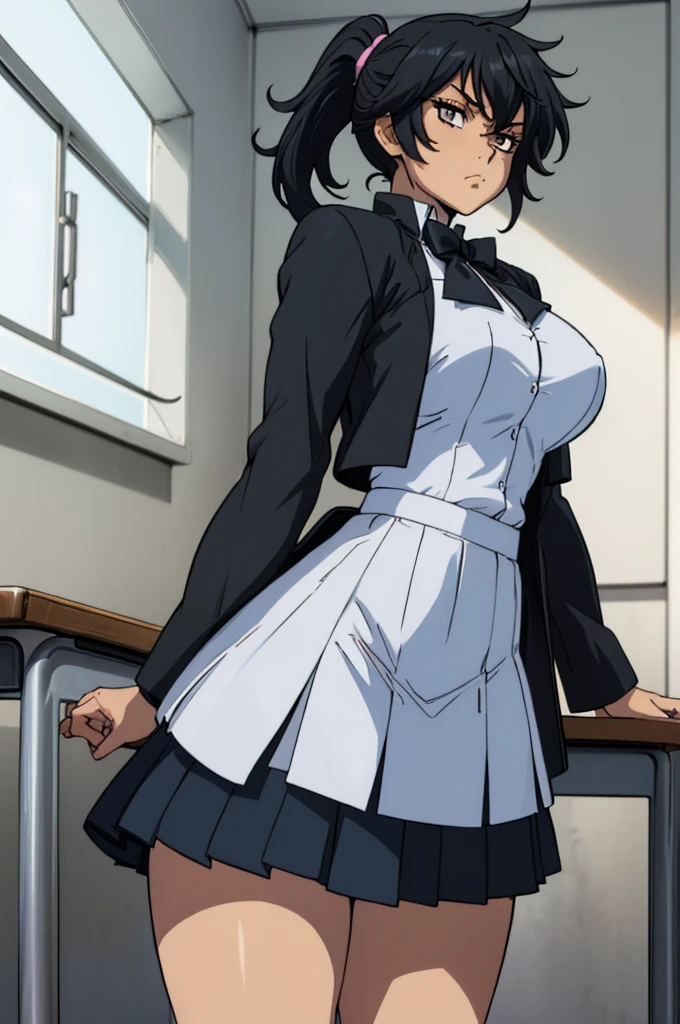 closed mouth, (), ((1girl)), (((genderbend))), (((female))), wide hips, thick thighs, huge breast, narrow waist,  ((school uniform)), ((white shirt)), ((blue bowtie)), ((school full of people)) (black short skirts), (((black jacket))), ((anime artstyle)), long eyelashes, long black hair, bored , (((at day))), ((ponytail)), in a classroom