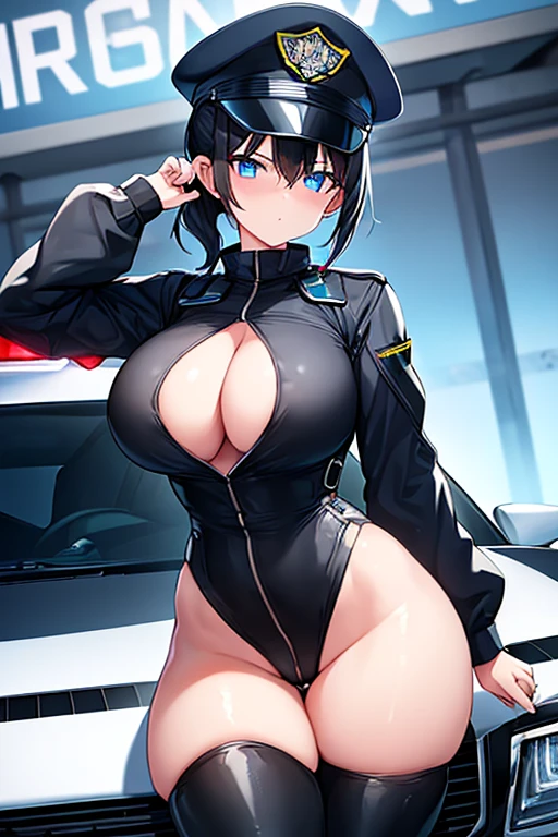 1girl, black hair, short hair, ponytail, long ponytail, blue eyes, large , thick thighs, toned, hourglass figure, serious, blue jacket, bodysuit, black bodysuit, policewoman, police hat, police, neon, neon trim, futuristic, science-fiction, machinery, tech, car, race queen, sports car, police car, cleavag, bodysuit, black bodysuit