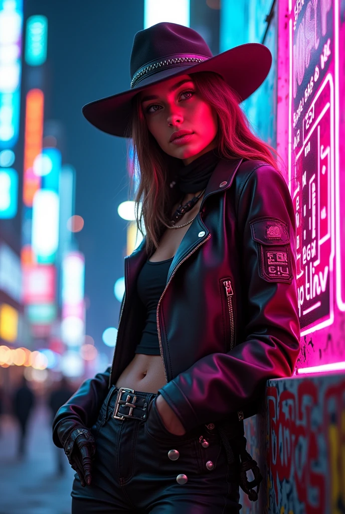 a handsome cowgirl, cyberpunk style, hood, neon lights, high-tech clothing,