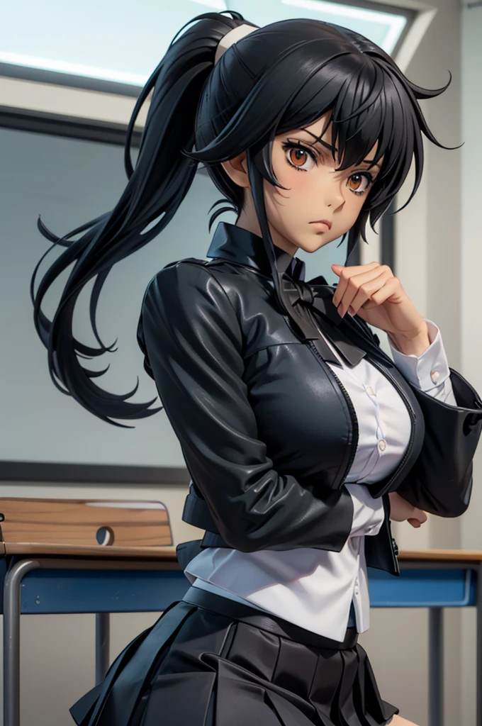 closed mouth, (), ((1girl)), (((genderbend))), (((female))), wide hips, thick thighs, huge breast, narrow waist, ((school uniform)), ((white shirt)), ((blue bowtie)), ((school full of people)) (black short skirts), (((black jacket))), ((anime artstyle)), long eyelashes, long black hair, bored , (((at day))), ((ponytail)), in a classroom