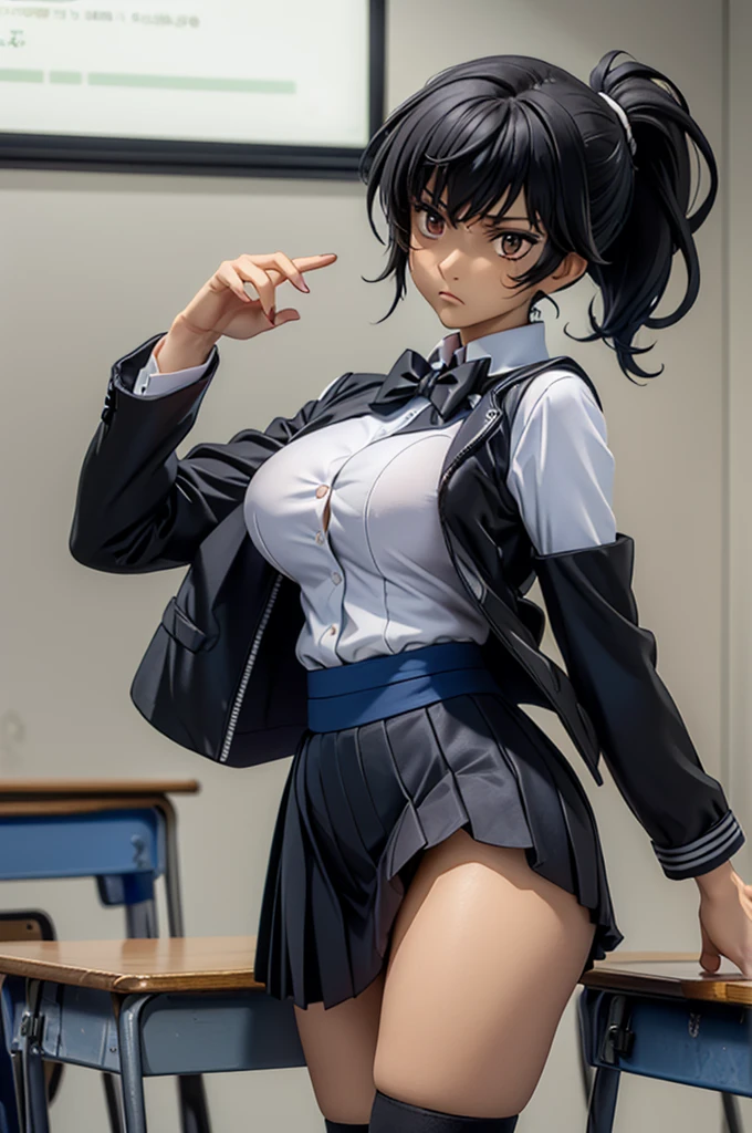closed mouth, (), ((1girl)), (((genderbend))), (((female))), wide hips, thick thighs, huge breast, narrow waist, ((school uniform)), ((white shirt)), ((blue bowtie)), ((school full of people)) (black short skirts), (((black jacket))), ((anime artstyle)), long eyelashes, long black hair, bored , (((at day))), ((ponytail)), in a classroom