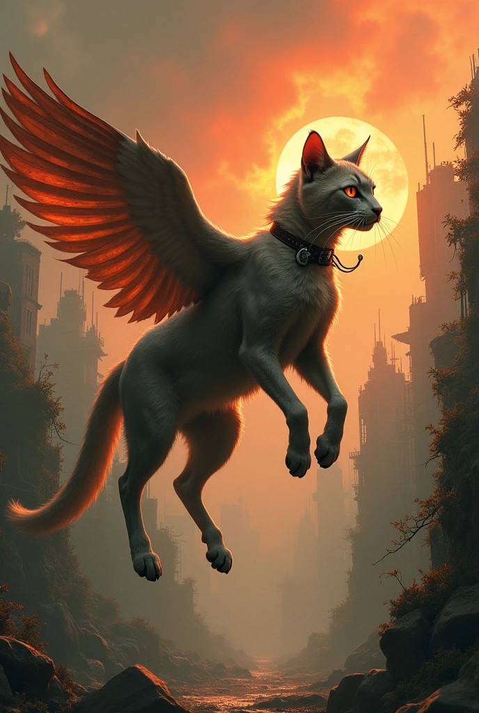 An apocalyptic flying cat with real horse legs