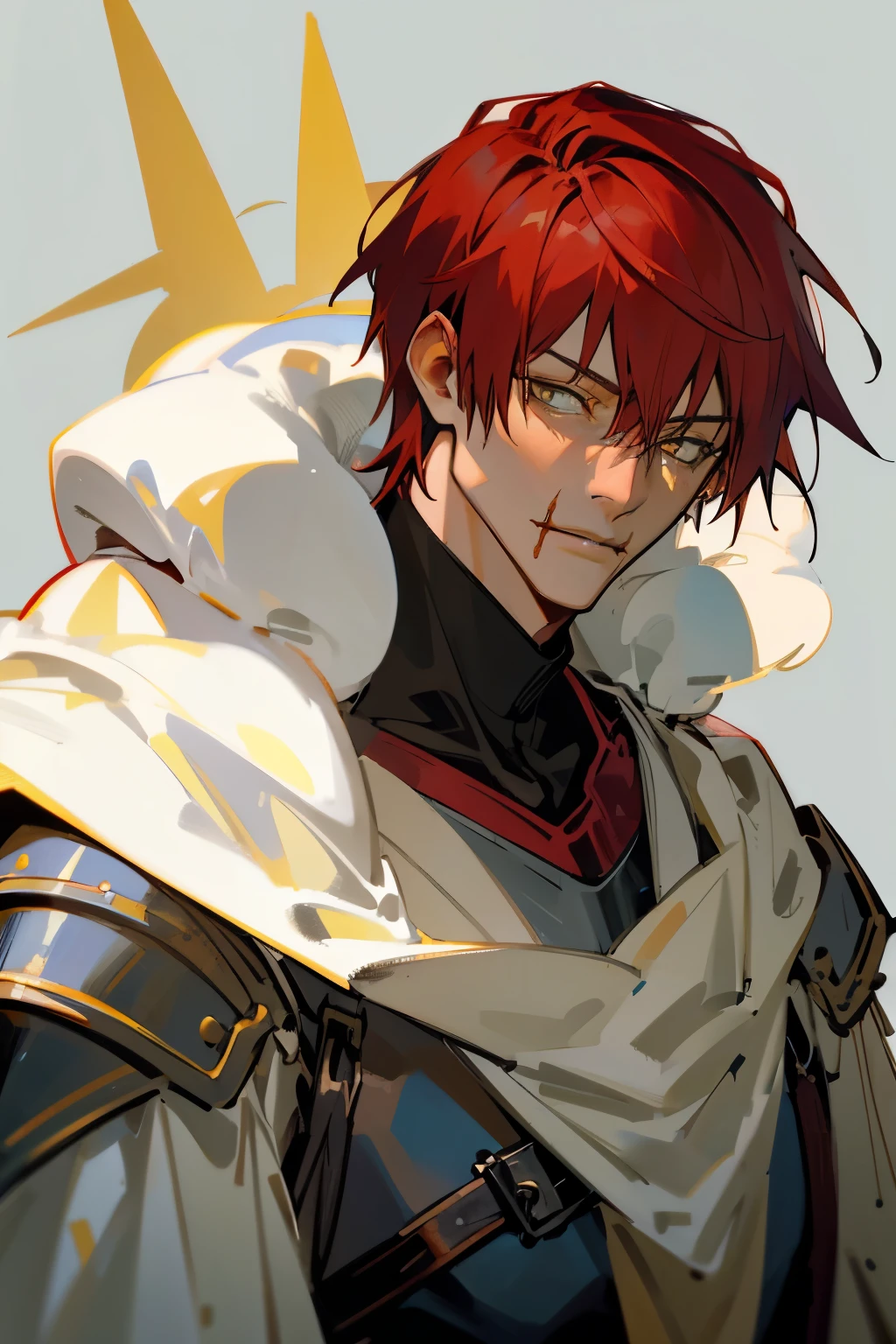 Male man, medium length red hair, yellow eyes, grown-up face, grown-up, white hood and shroud, plate armor breastplate, bonitas, with a scar on the left cheek fantasy, Action, sorcerer