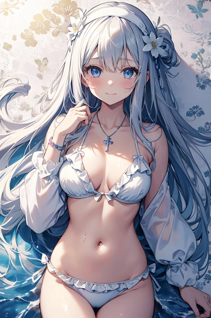 (girl kawaii)), a extremely delicate and beautiful girl, beautifully painted, momoco(artist), cute, sense of digital, best detailed girl, lying on the lake, wet, girl, young, long hair blown up, Hair with flower, (silver hair), cute face, (smile), complex details beautiful and delicate eyes, closed mouth, (large breasts), thighs, pale blue eyes, white skin, hairband, cross necklace, Bracelet, (white frilled bikini), cardigan, white Clothes, (beach),( beautiful blue sky and white clouds), bloom effect, (((wallpaper 8k CG))), ((absurdres)), masterpiece