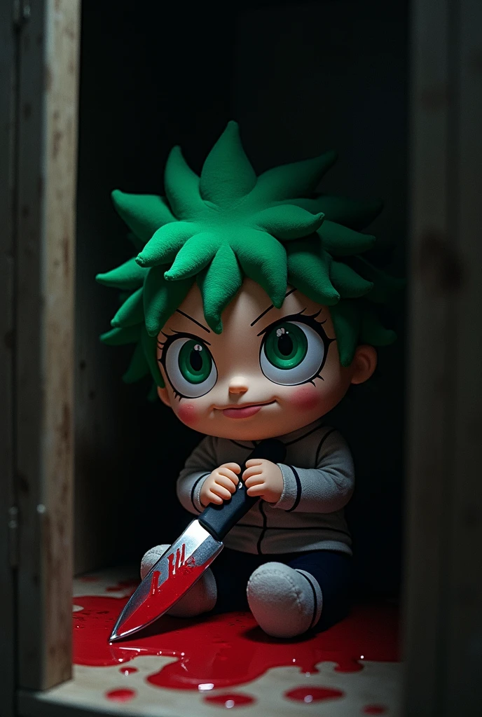 Midoriya Izuku doll, Midoriya Izuku is holding a knife, the doll is covered in blood, the doll is peeking out of a dark closet, there is blood at the doll's feet, The doll is smiling, The doll has anime style, The doll is made of plush., The doll plunges the knife into a dark figure..