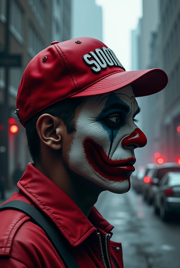 Profile picture with gta Rp character with a clown mask, with a cap that says “Santora Rp”, with the backdrop of a city in shades of gray and red,