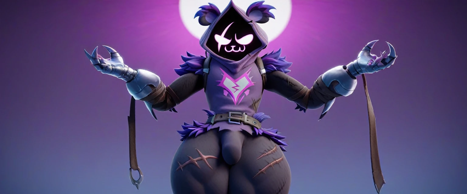 1boy, Raven team leader,purple hoodie, with no face, shadowed face, animal ears,purple skin, scar on eye, body skin, purple fur, waist belt, torso symbol, metal gloves, femboy, thick thighs, highlight thighs, View from behind, looking at the viewer