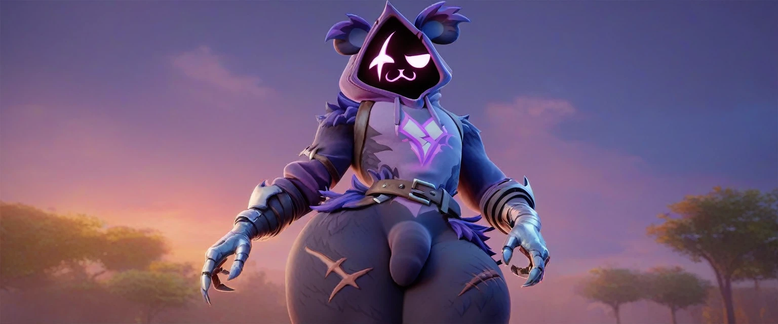 1boy, Raven team leader,purple hoodie, with no face, shadowed face, animal ears,purple skin, scar on eye, body skin, purple fur, waist belt, torso symbol, metal gloves, femboy, thick thighs, highlight thighs, View from behind, looking at the viewer 
