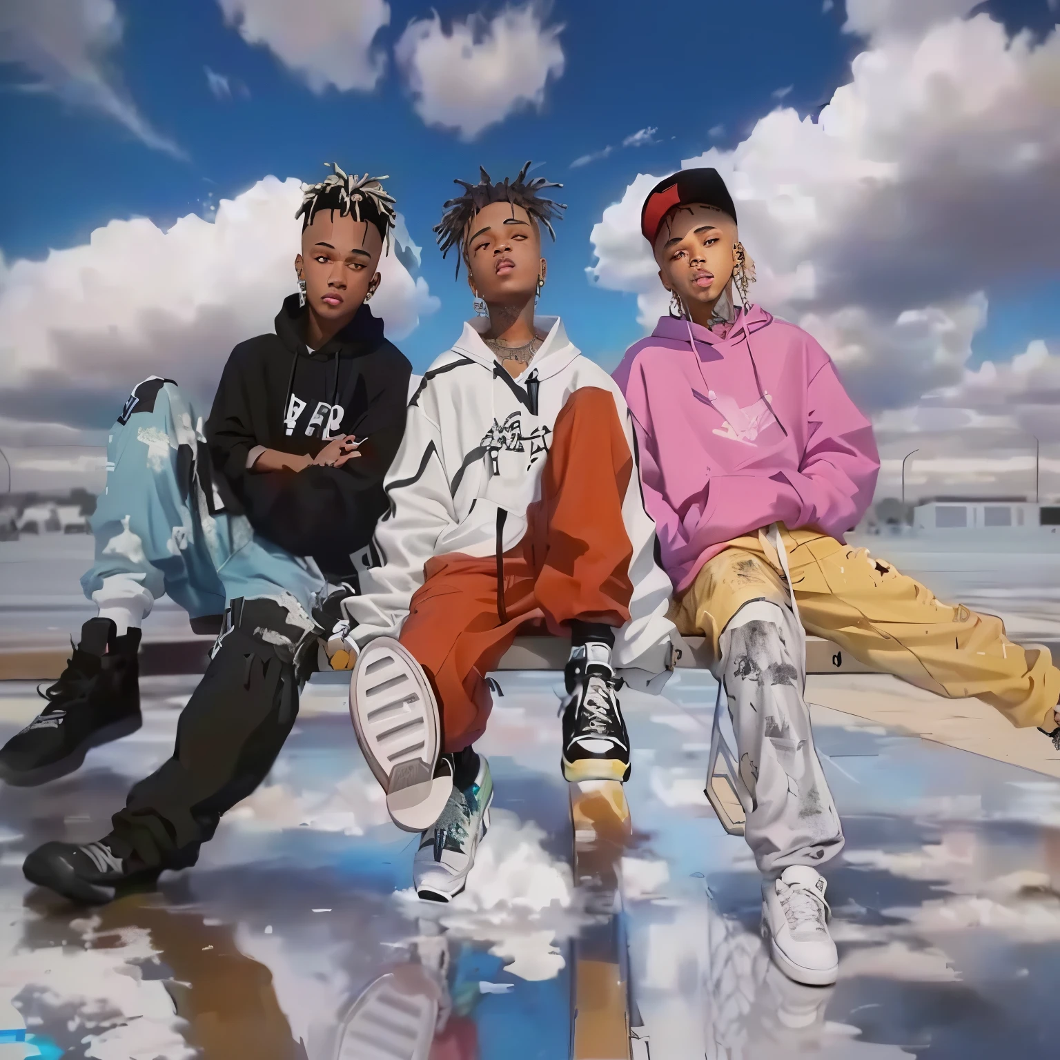 painting of three people sitting on a skateboard in the clouds, greatest art ever made, ✏️🎨, very aesthetics!!!!!!, late 90s, street clothes, vibrant aesthetics, hip hop aesthetics, 90's aesthetics, 9 0 s aesthetics, 90s aesthetics, Top Art on the rise, 90s vibe, aesthetics!!!!, official fanart, xxxtentacion