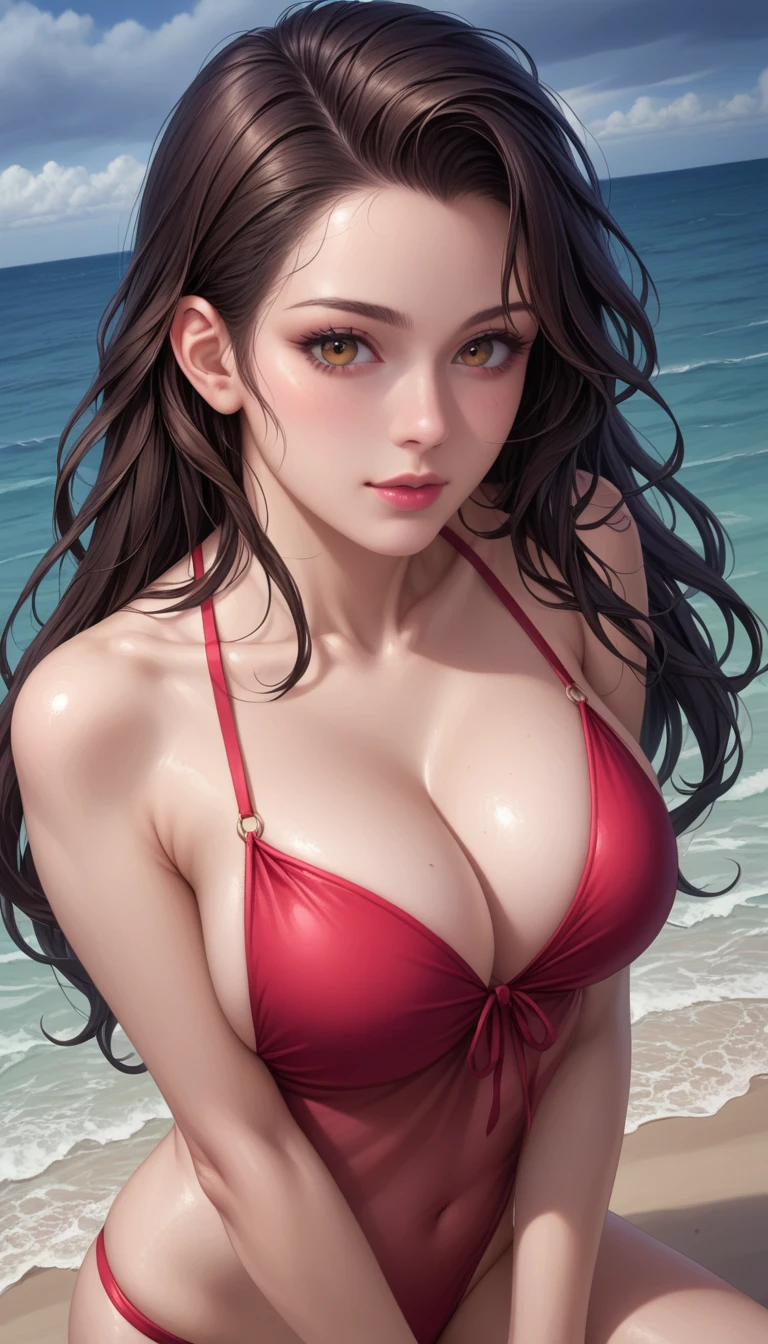 score_9, score_8_superior, score_7_superior, High-resolution CG illustration,A masterpiece in 32K resolution,Highest quality,it is really amazing,Very detailed,Ultra-high resolution,Ultra-realistic,Realistic,Increased depth of field,Cinematic lighting,
Sexy mature Japan woman,
Straight long hair with black hair,Showing his forehead,Ultra-detailed and beautiful face,Calm and gentle look,Beautiful brown eyes,Glossy, moisturized skin,Translucent white skin,Realistic skin texture,Great proportions,
Elegant red swimsuit,
Simple design,Chic color scheme based on red,Detailed fabric texture,
(Dark overcast sky on a dull night:1.1),(Dark clouds filling the sky:1.1),Thundercloud,Coastline at night,Stormy seas,delay々A desolate sandy beach that continues,
Beautiful cleavage,(High angle:1.1),