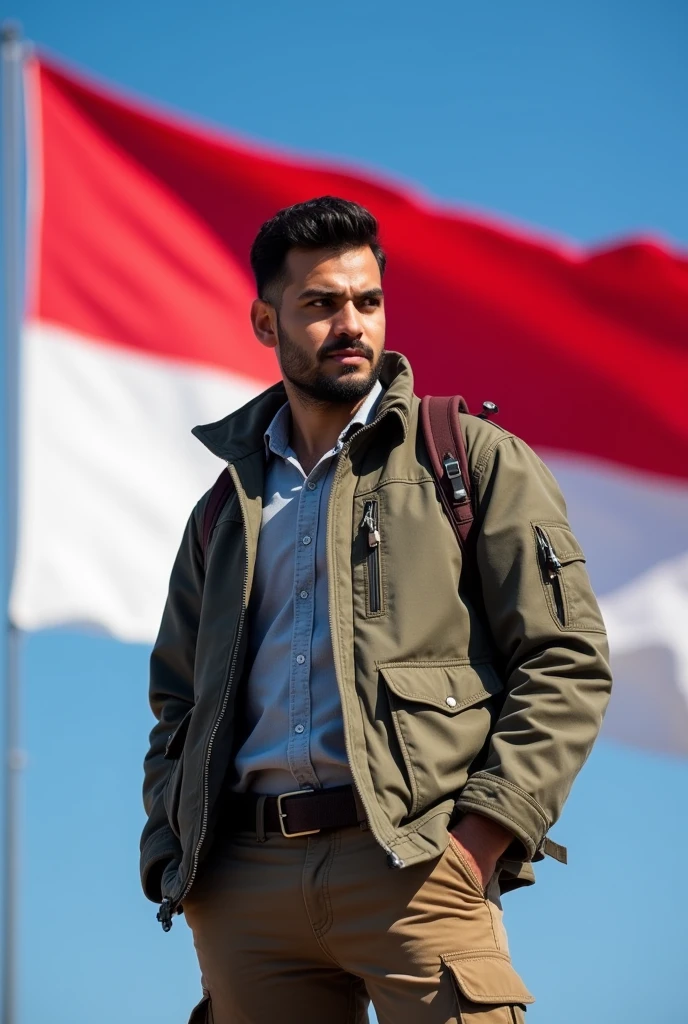 jewish man, black short hair, masculine face, straight focus, outdoor outfit, in front of Indonesia flag, square photo