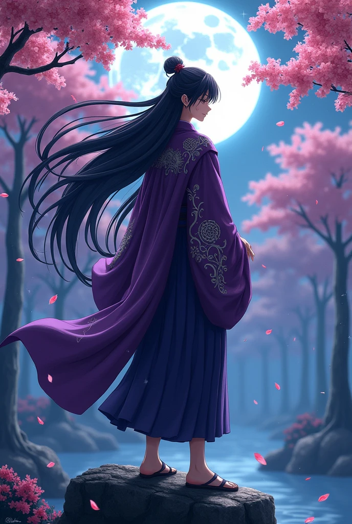 Make a boy with long hair like Yoriichi, com kimono roxo e Haori roxa, in an anime form based on Demon Slayer, What is a moon breathing user, human hunter. He appears to be an adult 