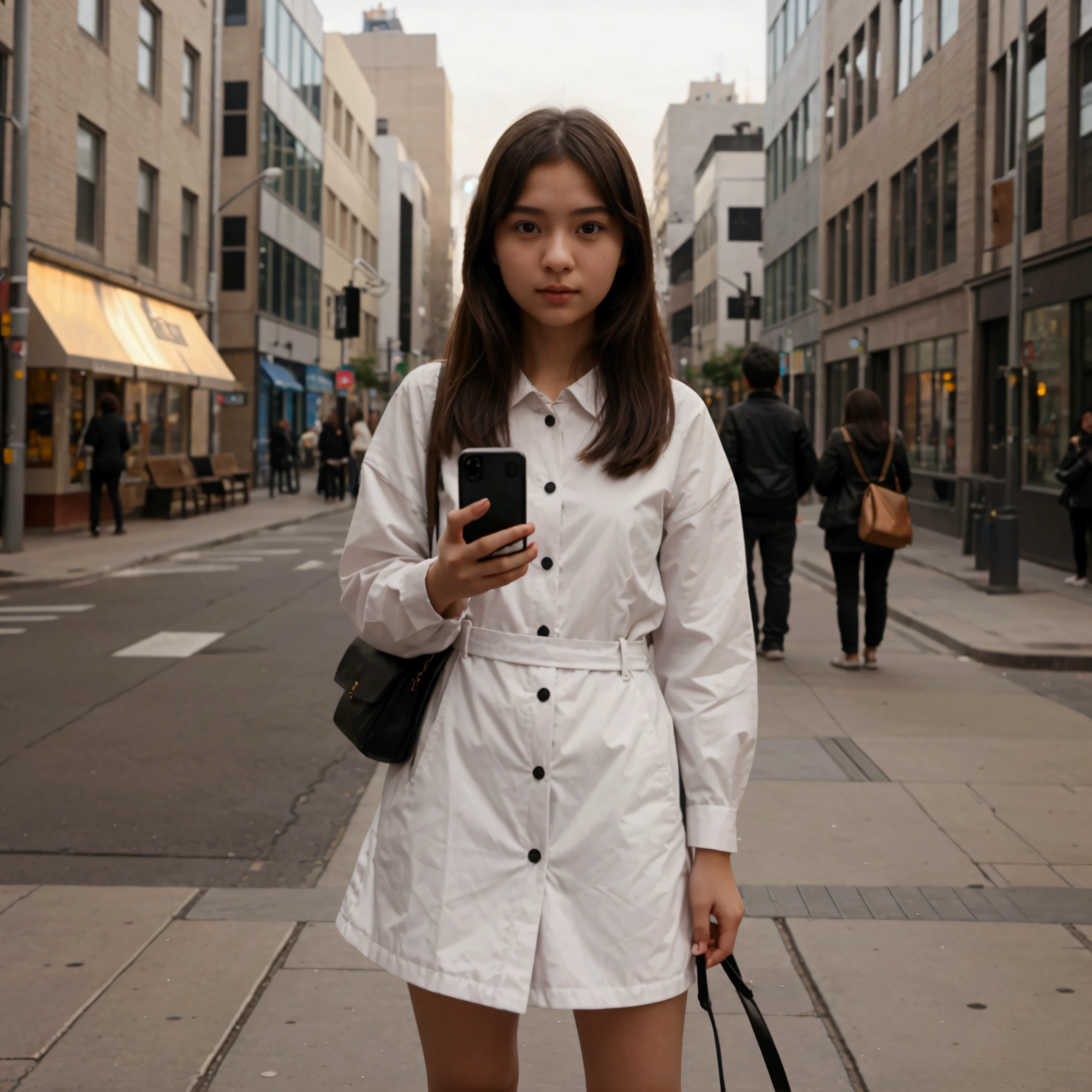 A girl standing in the middle of a city street holding an iphone