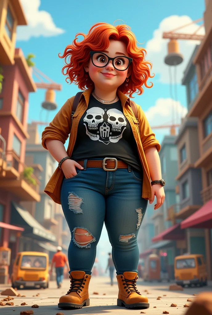 Very chubby and chubby female architect, with medium short curly copper red hair at shoulder length, brown skin, brown eyes and hipster glasses, with bracelets and nose piercing, with rockstar style bag, ripped denim jeans, with a black rock t-shirt with skulls and a canvas shirt over it open and construction boots, construction stop, Disney Pixar Cartoon version