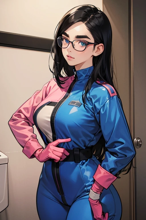 A black-haired, freckled girl with glasses wearing large pink rubber gloves and a blue long-sleeved jumpsuit Thick eyebrows Dirty toilet
