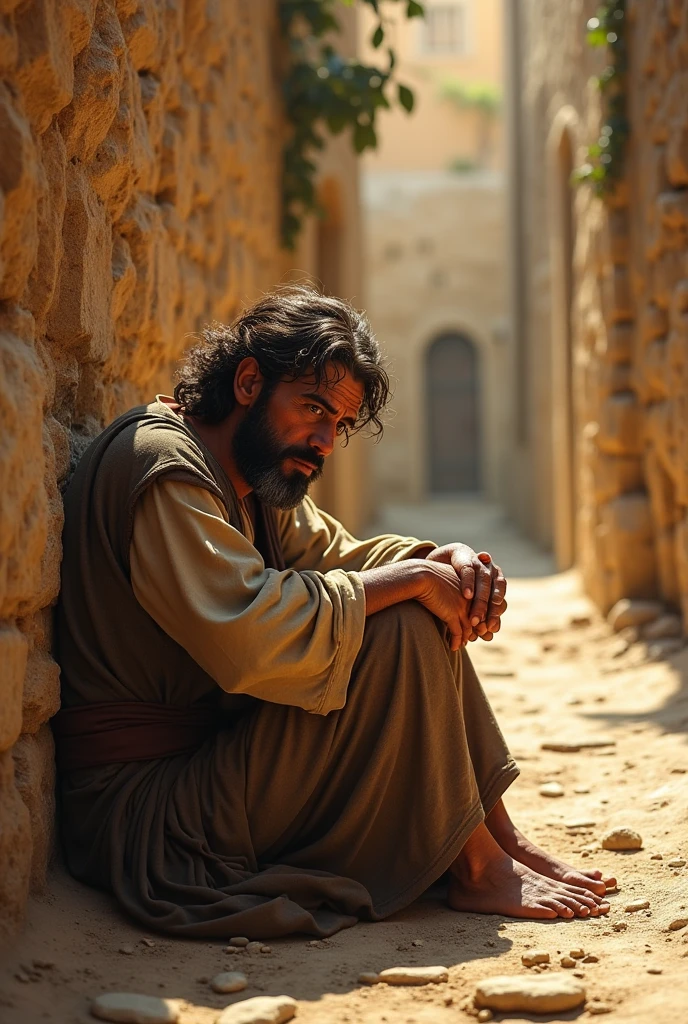 A hurt Jewish man alone almost. Clothes instead of lying on the ground after being robbed, He was almost dead in Jesus' time., 3D drawing