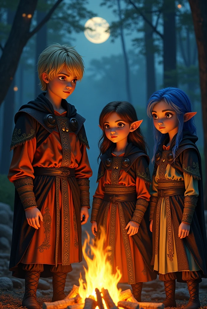 Make 4 people a young blonde man with medium hair,and make a light brown haired woman with a round face and very large brown eyes, and a blue humanoid make them with black and orange medieval style clothing