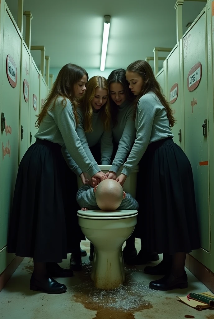Group of school girls with long black skirts and grey sweaters shoving a dead boy's head down the toilet, drowned.