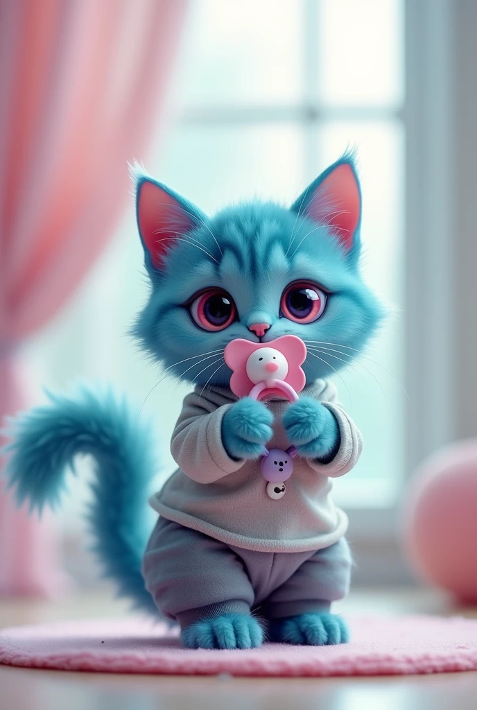 A cat with cyan blue fur and pink eyes is wearing grey pants and a light grey and dark grey shirt. It has a fluffy, slightly chubby and slightly skinny tail. It is drinking from a light pink and lilac pacifier.