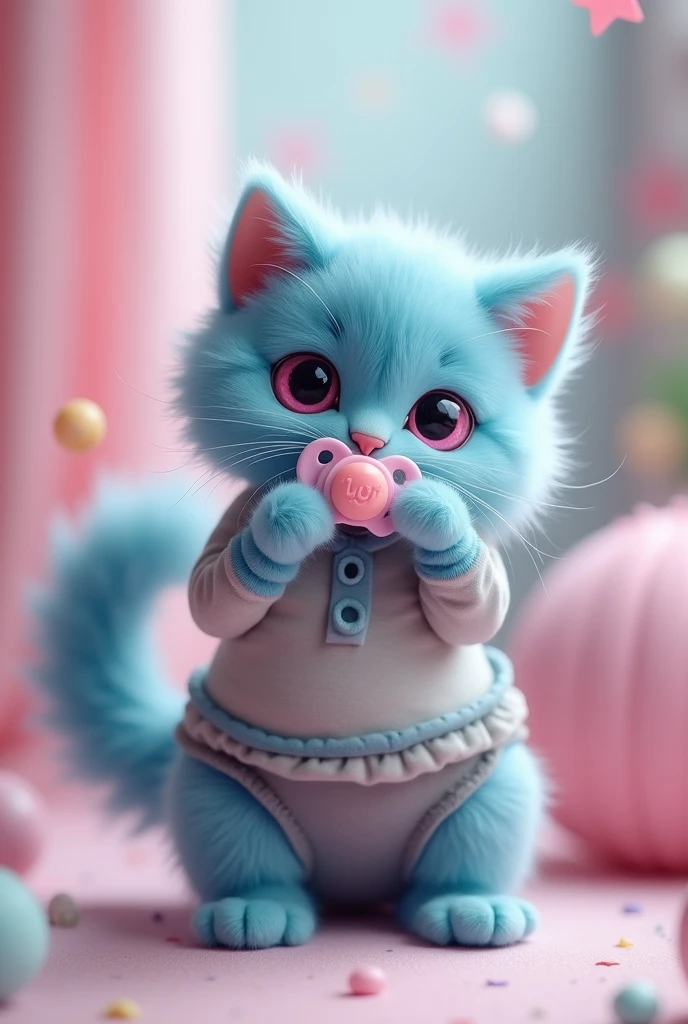 A cat with cyan blue fur and pink eyes is wearing grey pants and a light grey and dark grey shirt. It has a fluffy, slightly chubby and slightly skinny tail. It is drinking from a light pink and lilac pacifier.