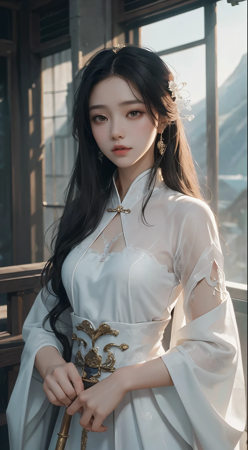 a close up of a woman with a sword in a white see through silk dress, a character portrait by Yang J, trending on cgsociety, fantasy art, beautiful character painting, artwork in the style of guweiz, guweiz, white hanfu, flowing white robes, full body wuxia, epic exquisite character art, stunning character art, beautiful female assassin,
