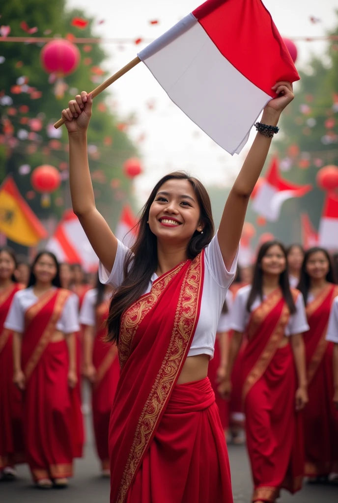 "Create an image of a young Indonesian woman celebrating Indonesia's independence. She is wearing a traditional red and white outfit, symbolizing the colors of the Indonesian flag. She stands proudly, holding the Indonesian flag high with a determined expression, surrounded by a festive atmosphere of Independence Day celebrations. The background should reflect a joyful scene with other elements like confetti, people celebrating, and Indonesian decorations, emphasizing the spirit of freedom and patriotism."