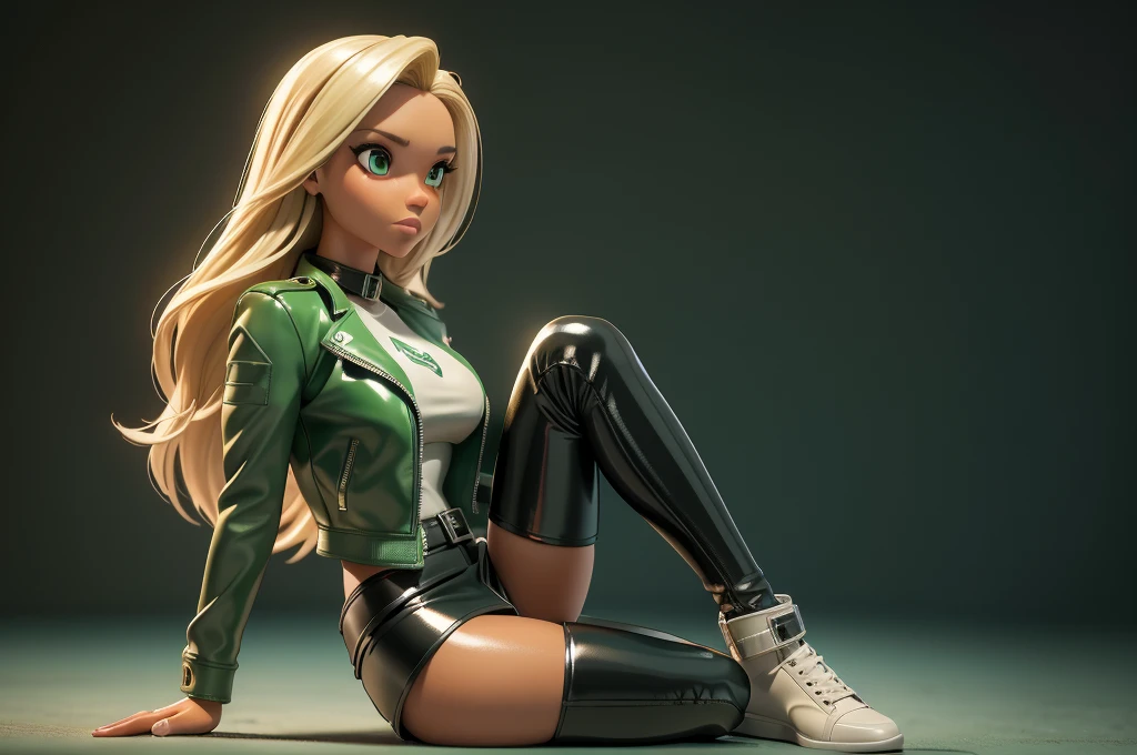 obra prima, melhor qualidade, ((only one woman,)) ((dana perino, dark tan skin, straight hair,)) erect cone tits, ((wearing shiny cream leather biker moto jacket,)) ((jacket has padded shoulders, jacket has stiff high collar,)) (((wearing shiny green leather miniskirt,))) body is very skinny, ((sitting back, legs spread,)) ((camera front view of body,)) shallow depth of field, highres, HD, 8k, anatomically correct