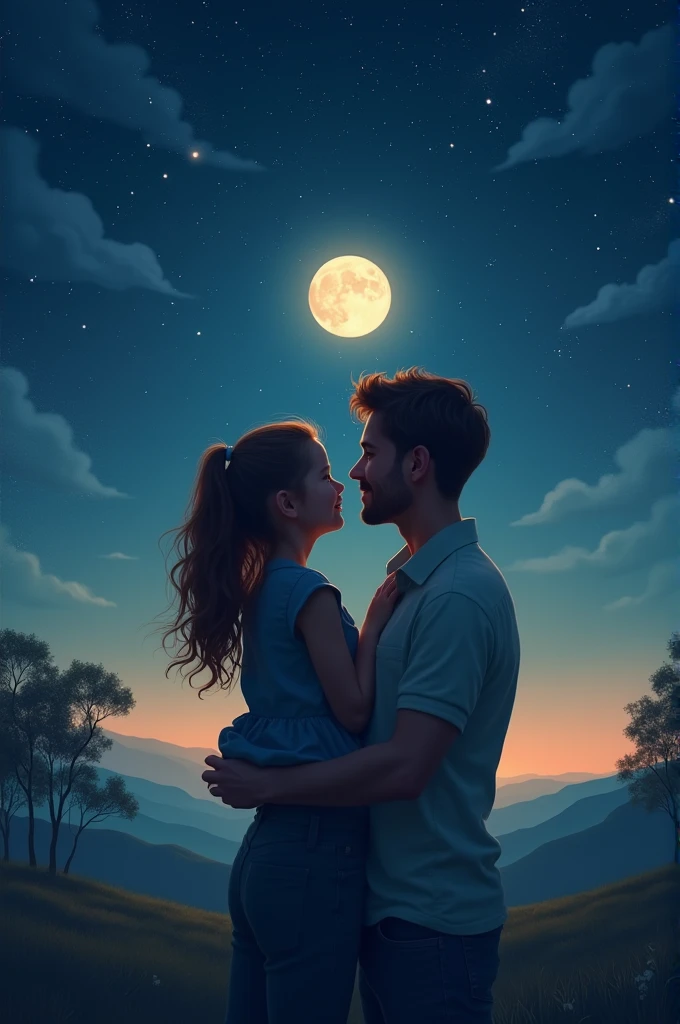 Father and daughter embracing at night with stars